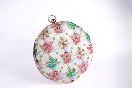 WHITE WITH MULTI COLOR WOMEN HANDLOOM ROUND FABRIC HAND CLUTCH CUM SLING BAG