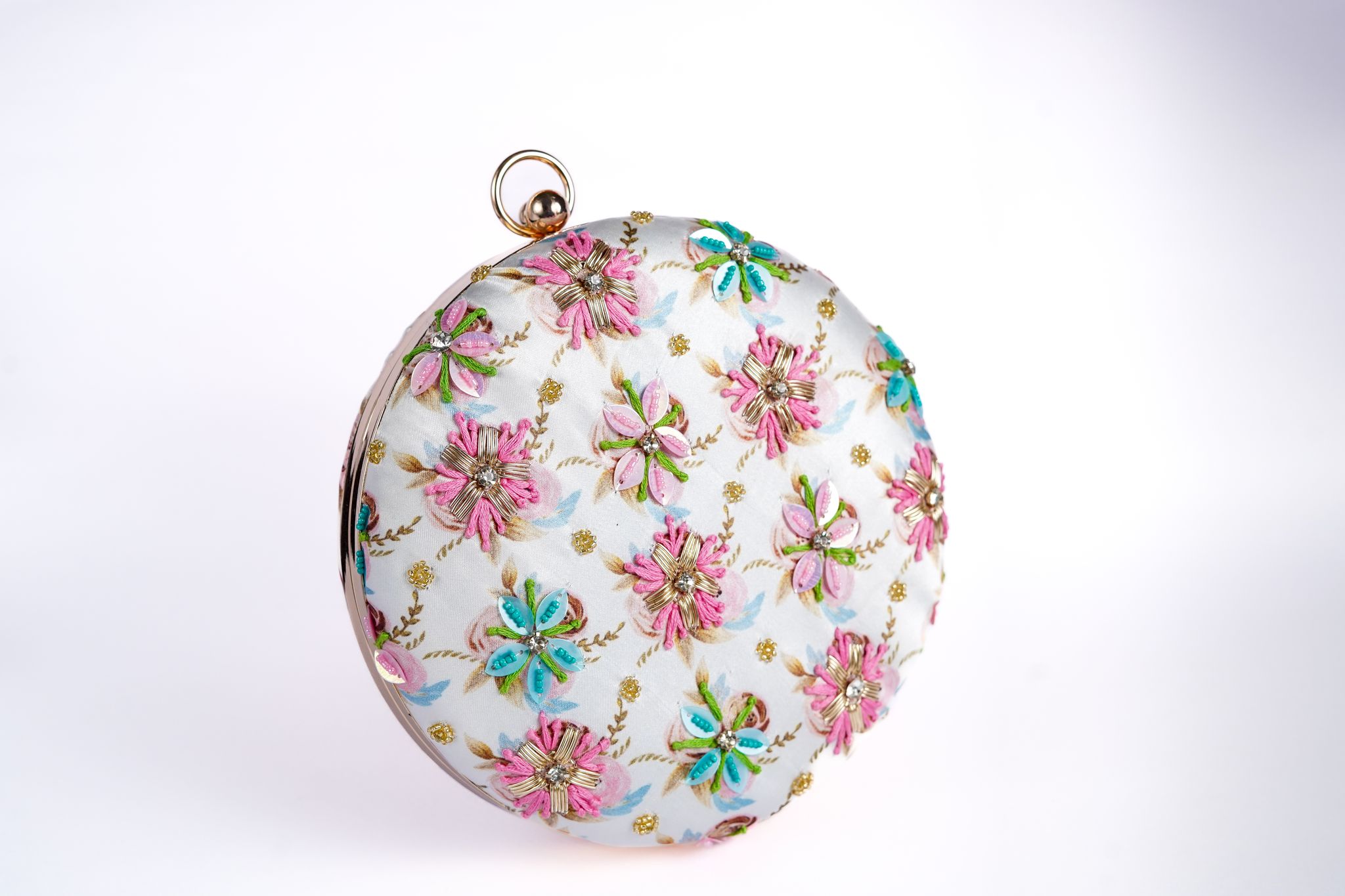 WHITE WITH MULTI COLOR WOMEN HANDLOOM ROUND FABRIC HAND CLUTCH CUM SLING BAG