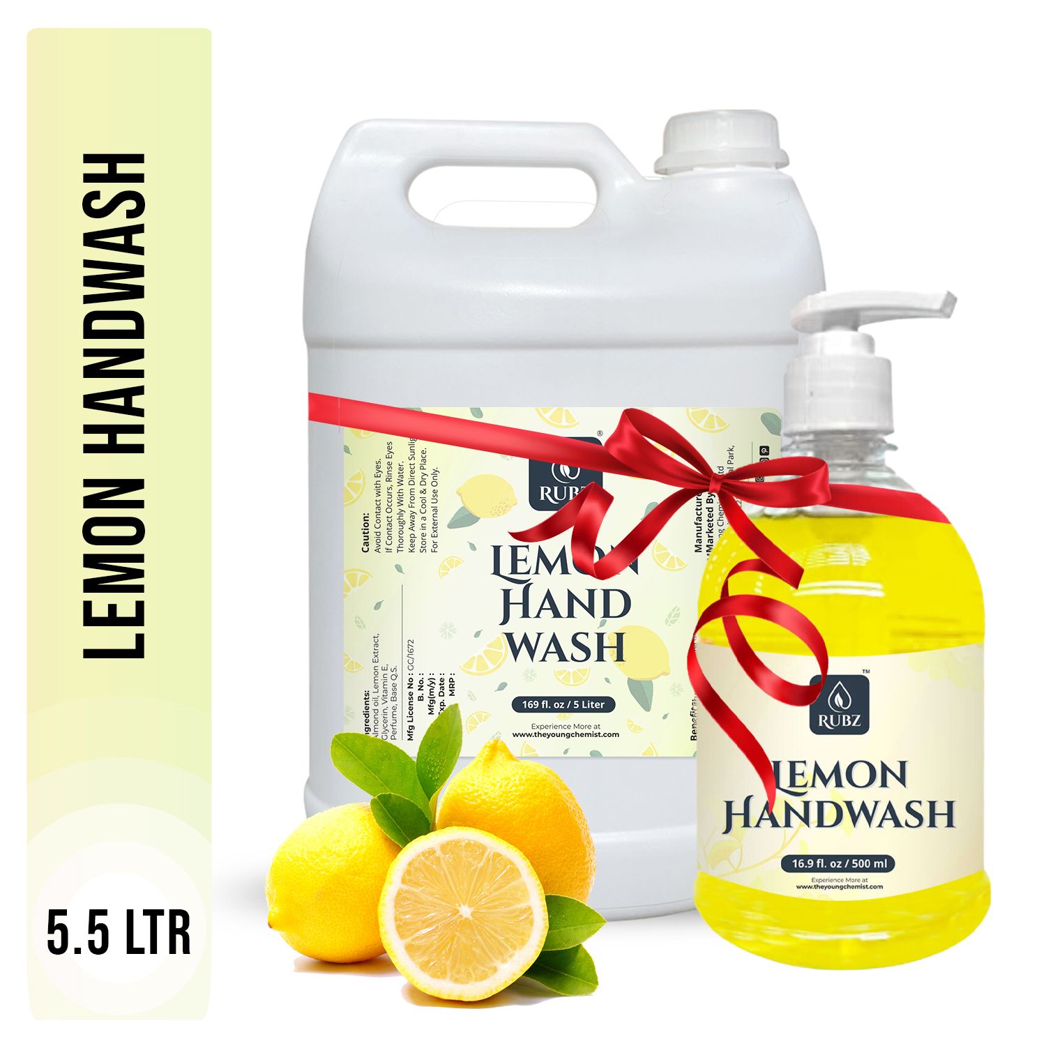 Rubz Lemon Handwash Refill Pack 5 Litre with 500ml bottle | Paraben Free Liquid Gel | Complete Protection for Soft Hands | Best for Hotel,Spa,Salon,Family, Gym | Total 5.5 Litre