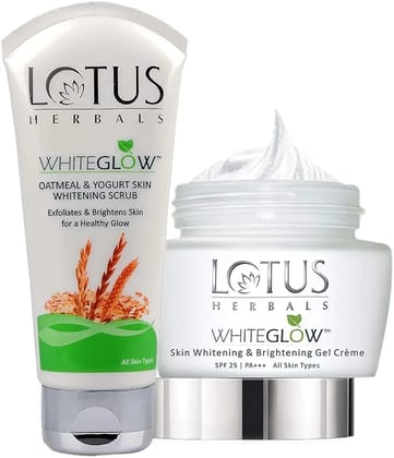 Lotus Herbals Whiteglow Skin Whitening & Brightening Gel Cream SPF 25 Pa +++, 60g| Oatmeal & Yogurt Skin Whitening Scrub, 50g