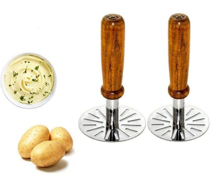 MANNAT Stainless Steel Potato Masher, Pav Bhaji Masher & Vegetable Smasher for Kitchen Masher with Wood Handle|(Pack of 2)