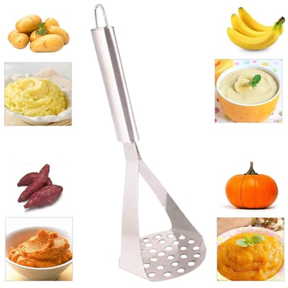 TAJ Stainless Steel Potato Vegetable Pav Bhaji Masher Smasher with Long Handle and Hanging Lid for Kitchen(Set of 1)