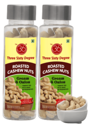 360 Degree Roasted Salted Cashews Nuts/ Cream & Onion Spicy Sweet Kaju, 200gms (2x100gms each)