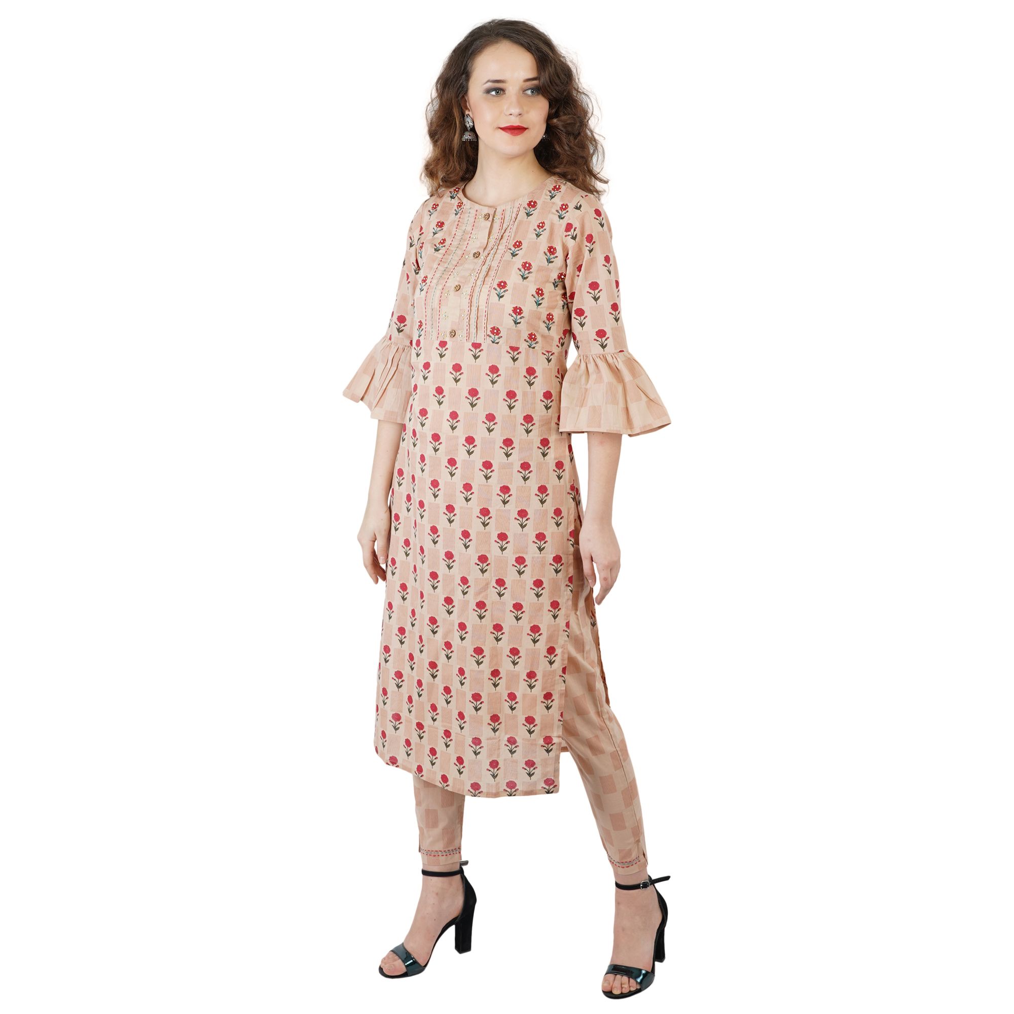 Peach Floral Printed Straight Line Kurti With Pant Set