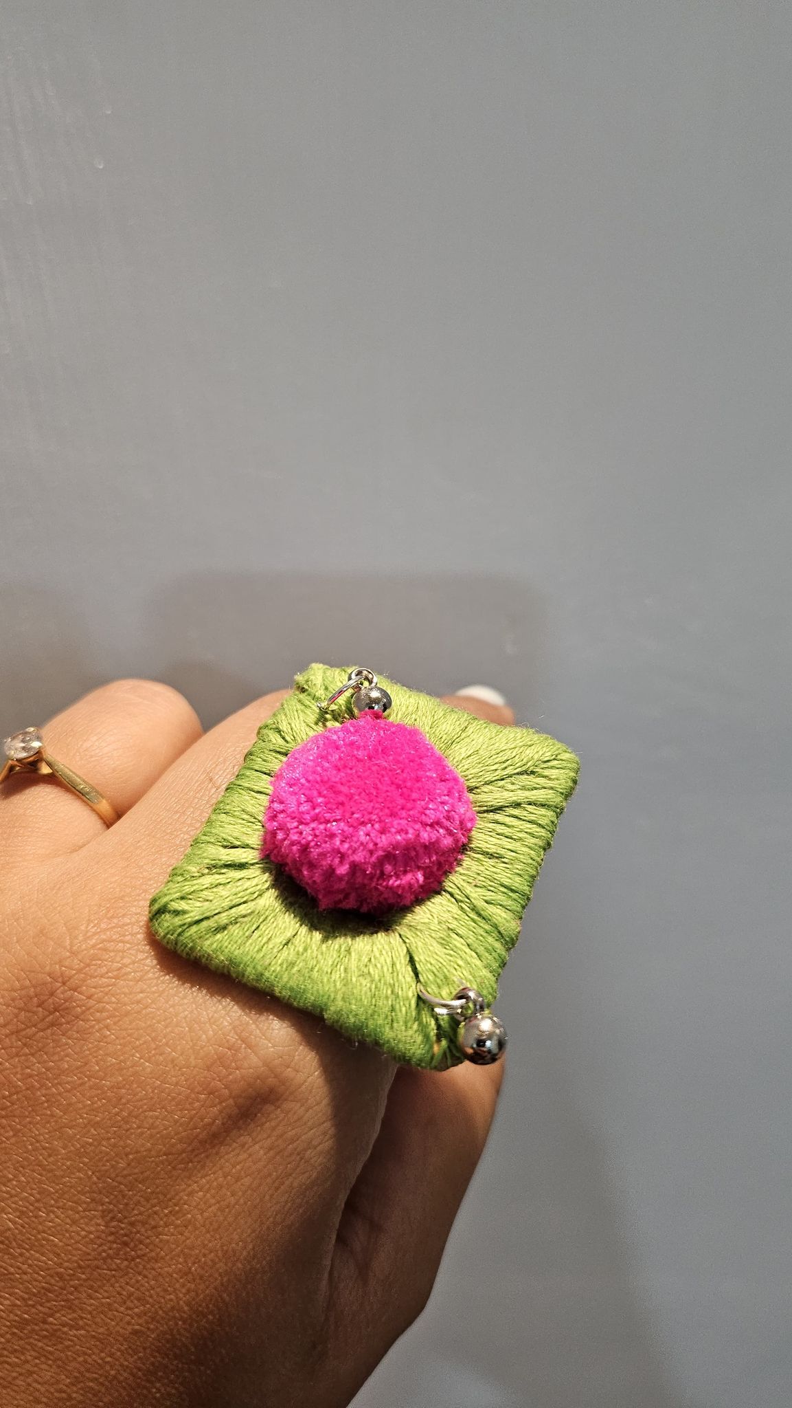 Green and Pink Pom Pom handmade ring