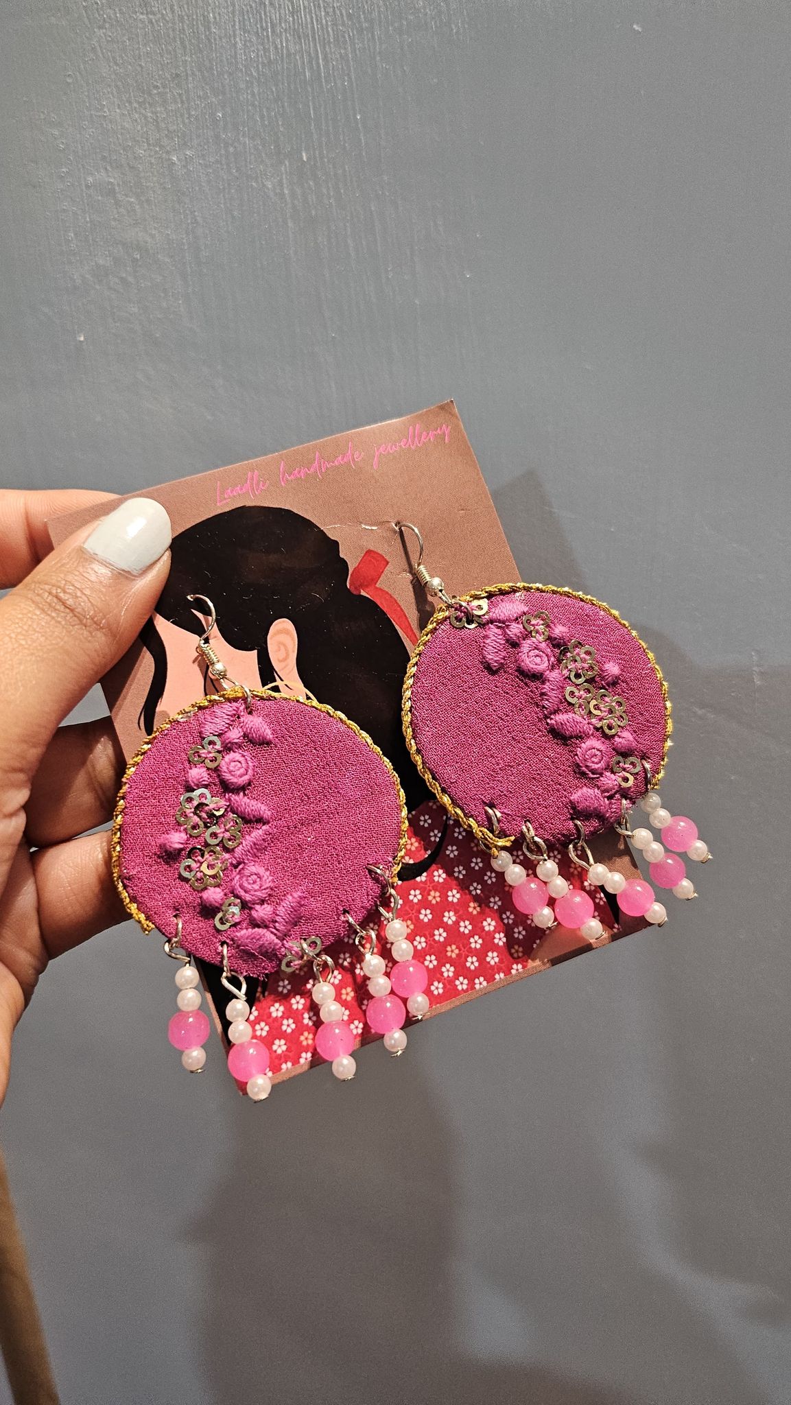 Pink fabric pearl earrings