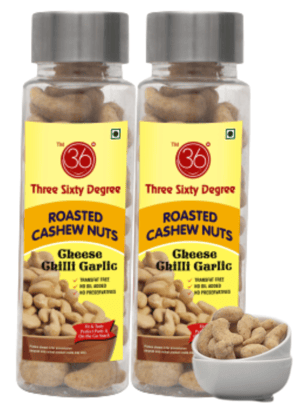 360 Degree Roasted Salted Cashews Nuts| Cheese Chilli Garlic Spicy Masala Kaju, 200gms (2 x 100gms)