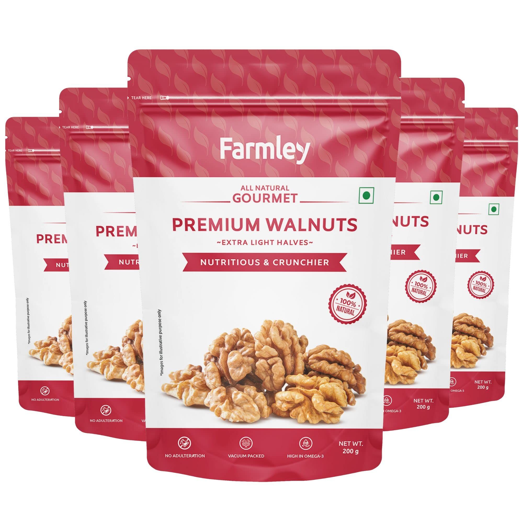 Farmley Premium Chile Walnut Kernel | 5 x 200 g | Walnuts Without Shell, Akhrot, Dry Fruits, Extra Light Halves (Pack Of 5)