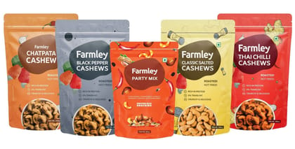 Farmley Roasted Cashew Nuts and Party Mix Snacks I 4 Roasted Cashew Nuts (Black Pepper, Thai Chilli, Chatpata Masala, Classic Salted) & 1 Party Mix Snack Combo 860g (Kaju &�Party�Snacks�)