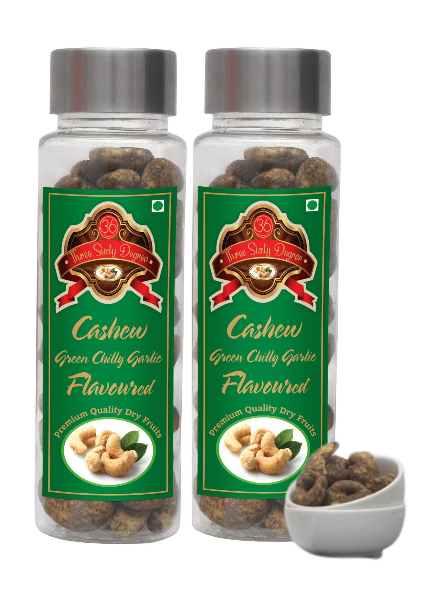 360 Degree Roasted Salted Cashews Nuts| Green Chilli Garlic Mirch Masala Kaju, 200gms (2 x 100gms each)