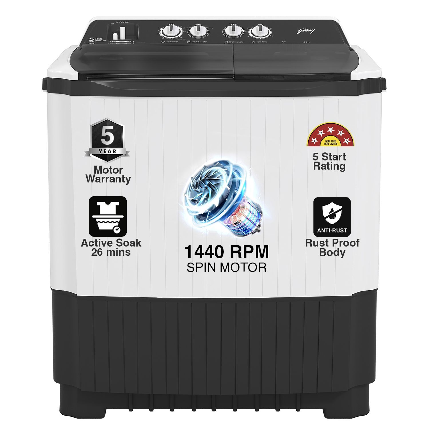 Godrej 12 Kg 5 Star Actie Soak Technology Semi-Automatic Top Load Washing Machine (WSAXIS VX 120 5.0 SN3 T GPGR, Graphite Grey, With Hexa Roller Impeller)