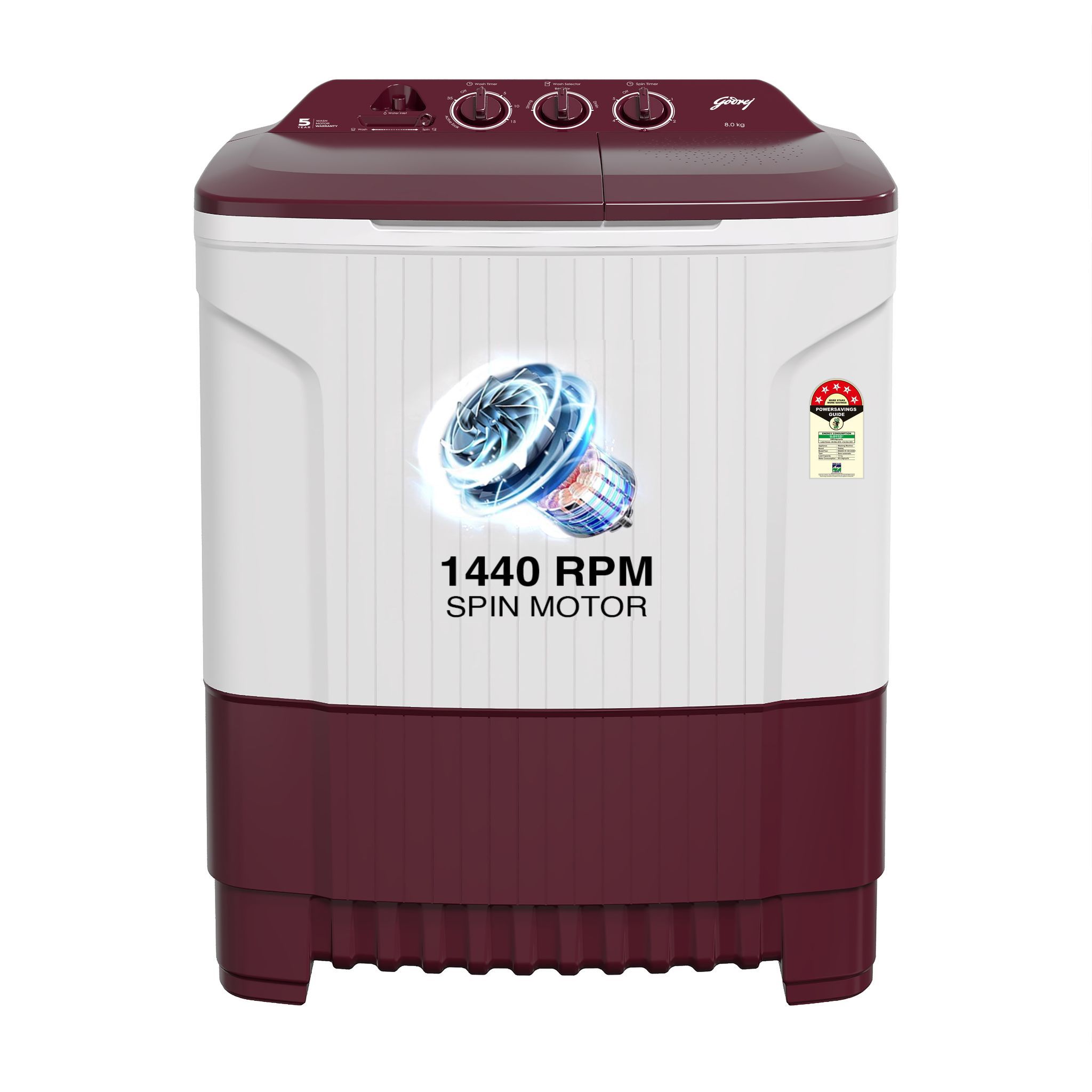 Godrej 8 Kg 5 Star Active Soak Technology Semi-Automatic Top Load Washing Machine (WSEDGE CLS 80 5.0 PN2 M WNRD, Wine Red, Wash Upto 8 King Size Bedsheets)