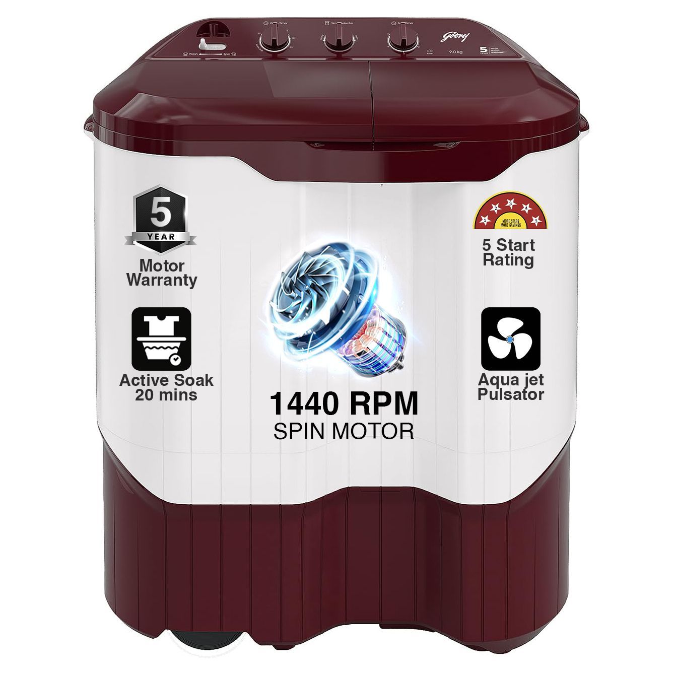 Godrej 9 Kg 5 Star Active Soak Technology Semi-Automatic Top Load Washing Machine (WS EDGEPRO 90 5.0 PPB3 WNRD, Wine Red, With Rain Shower Spin)