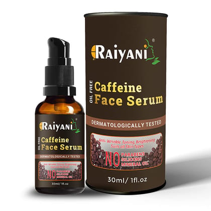 Raiyani Caffeine Face Serum - Quick Absorbing - Oil Free - Anti-Aging, Anti-Wrinkles & Acne; Refresh, Revive & Restore Skin - No Parabens, Silicones, Mineral Oil (30 ml)