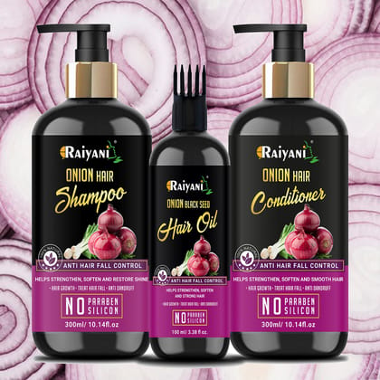 Raiyani Anti Hair Fall Spa Range with Onion Hair Oil(100ml)+ Onion Shampoo(300ml) + Onion Conditioner(300ml) for Hair Fall Control