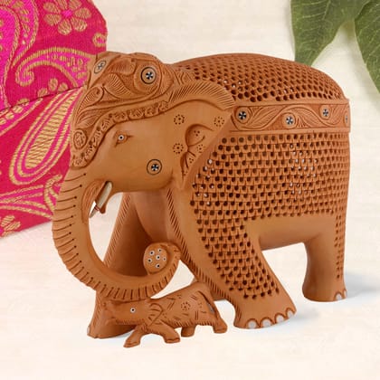 Tribes India Hand Carved Wooden Elephant With Jali Work