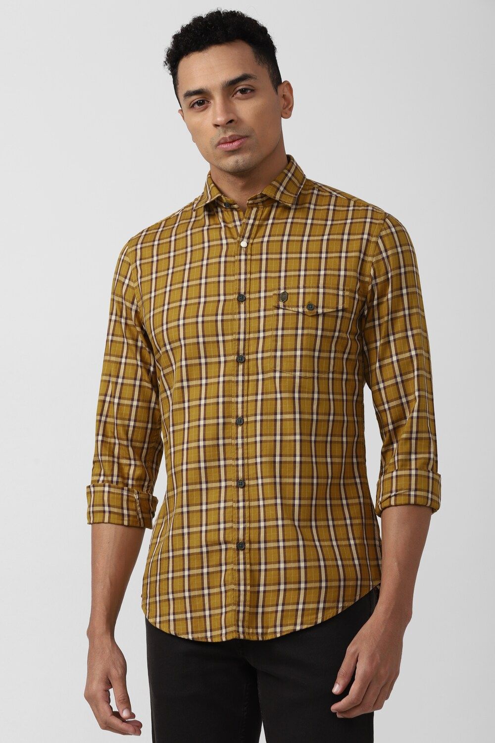 Men Yellow Slim Fit Check Full Sleeves Casual Shirt