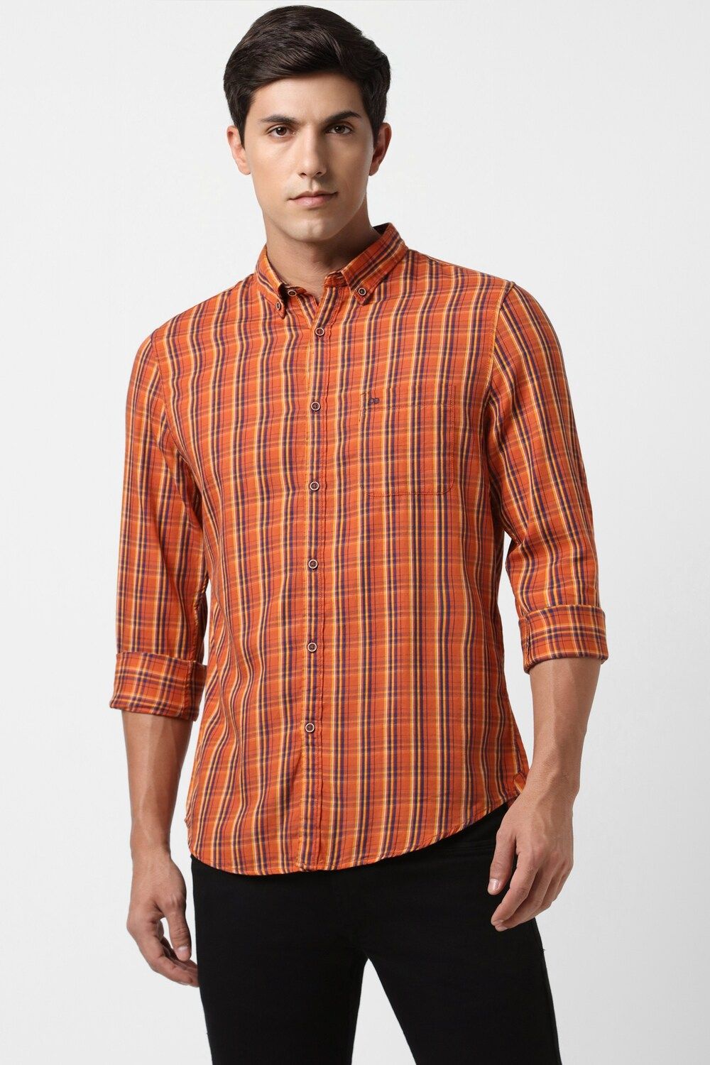 Men Orange Slim Fit Check Full Sleeves Casual Shirt