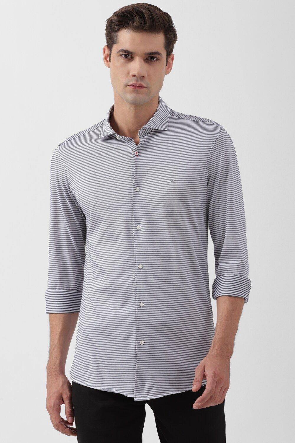 Men Grey Slim Fit Stripe Full Sleeves Casual Shirt