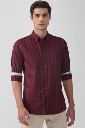 Men Maroon Slim Fit Stripe Full Sleeves Casual Shirt