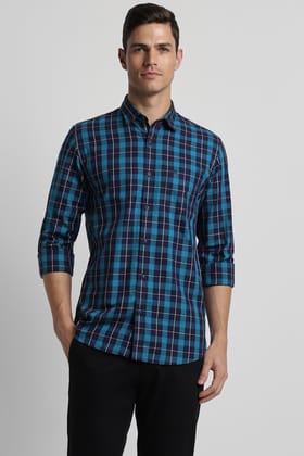 Men Blue Slim Fit Check Full Sleeves Casual Shirt