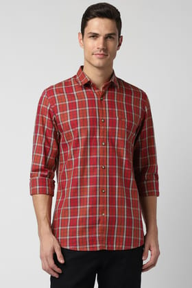 Men Red Slim Fit Check Full Sleeves Casual Shirt