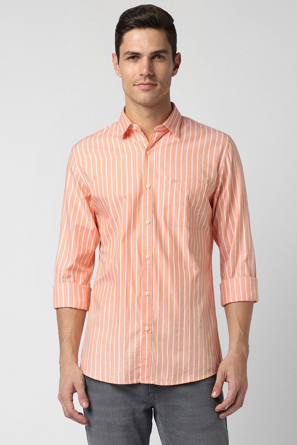 Men Peach Slim Fit Stripe Full Sleeves Casual Shirt