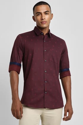 Men Maroon Slim Fit Print Full Sleeves Casual Shirt