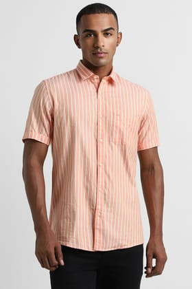 Men Peach Slim Fit Stripe Half Sleeves Casual Shirt