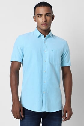 Men Blue Slim Fit Solid Half Sleeves Casual Shirt