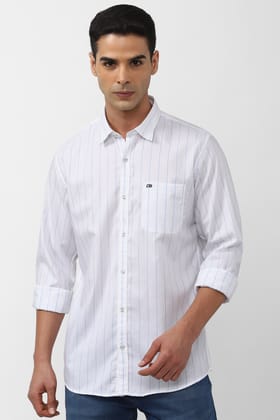 Men White Slim Fit Stripe Full Sleeves Casual Shirt