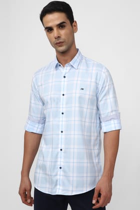 Men Light Blue Slim Fit Check Full Sleeves Casual Shirt