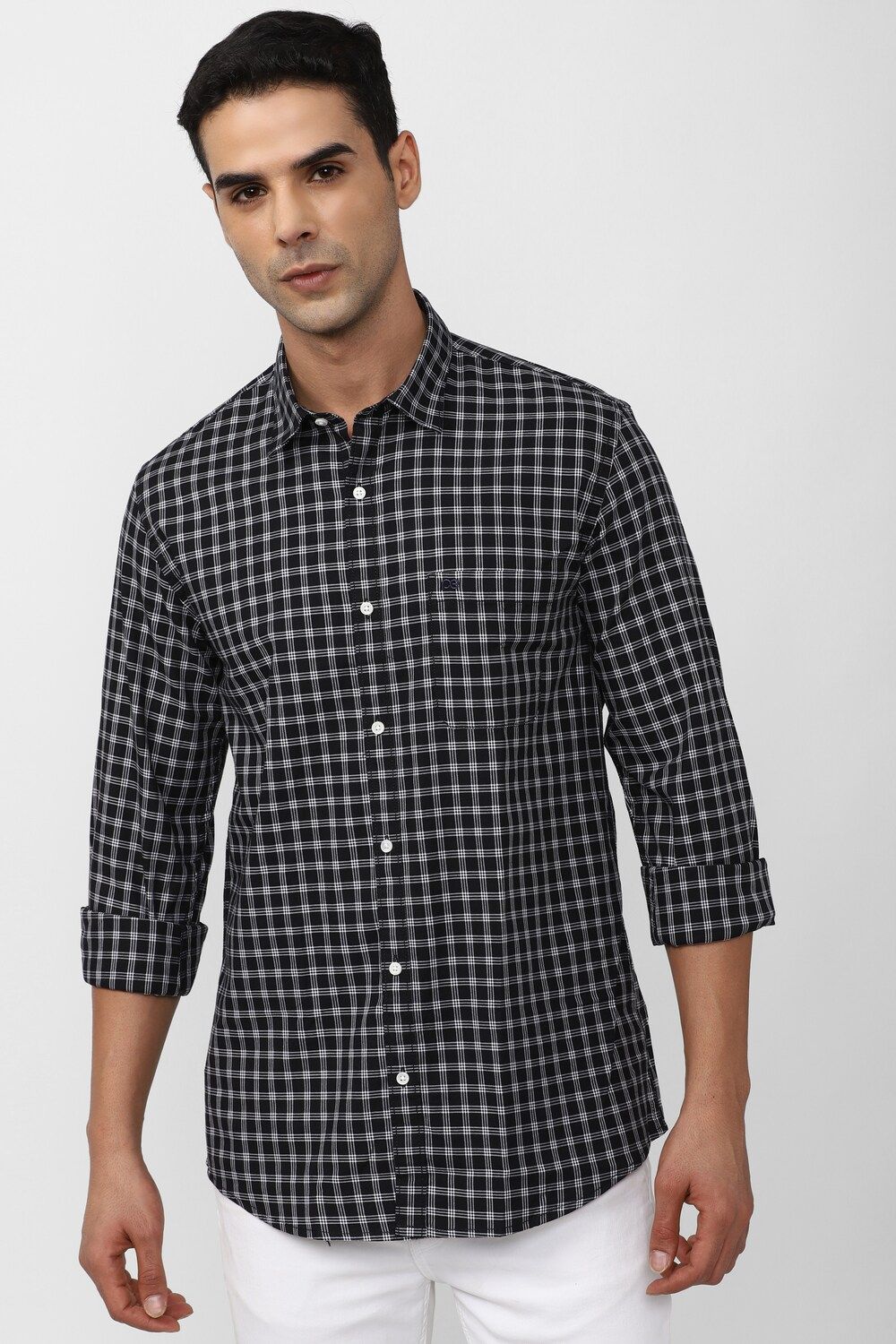 Men Black Slim Fit Check Full Sleeves Casual Shirt