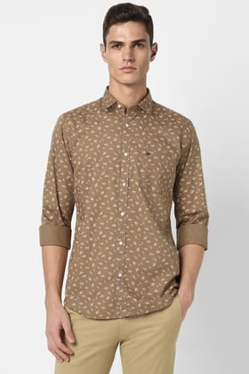 Men Brown Slim Fit Print Full Sleeves Casual Shirt
