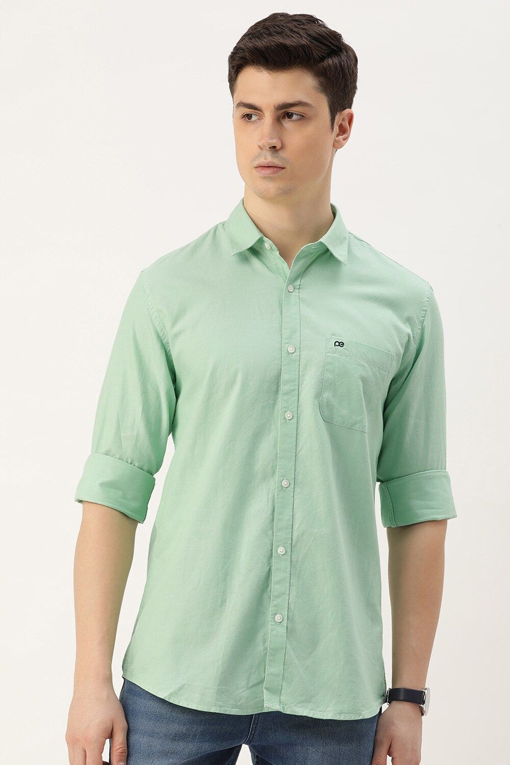 Men Green Slim Fit Solid Full Sleeves Casual Shirt