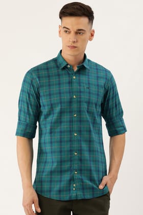 Men Blue Slim Fit Check Full Sleeves Casual Shirt