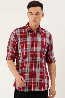 Men Maroon Slim Fit Check Full Sleeves Casual Shirt