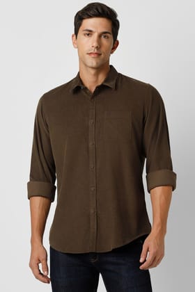 Men Brown Slim Fit Solid Full Sleeves Casual Shirt