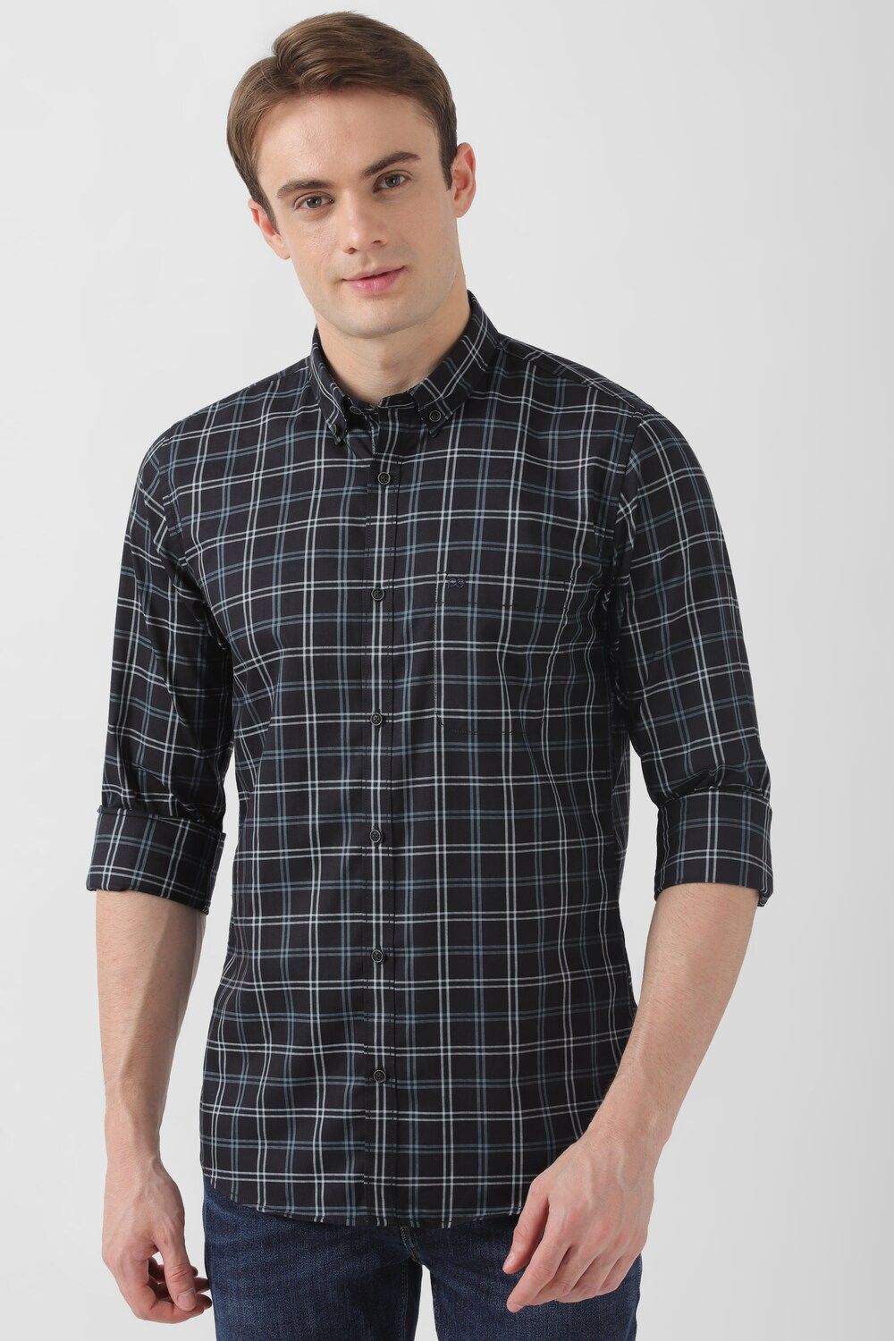 Men Black Slim Fit Check Full Sleeves Casual Shirt