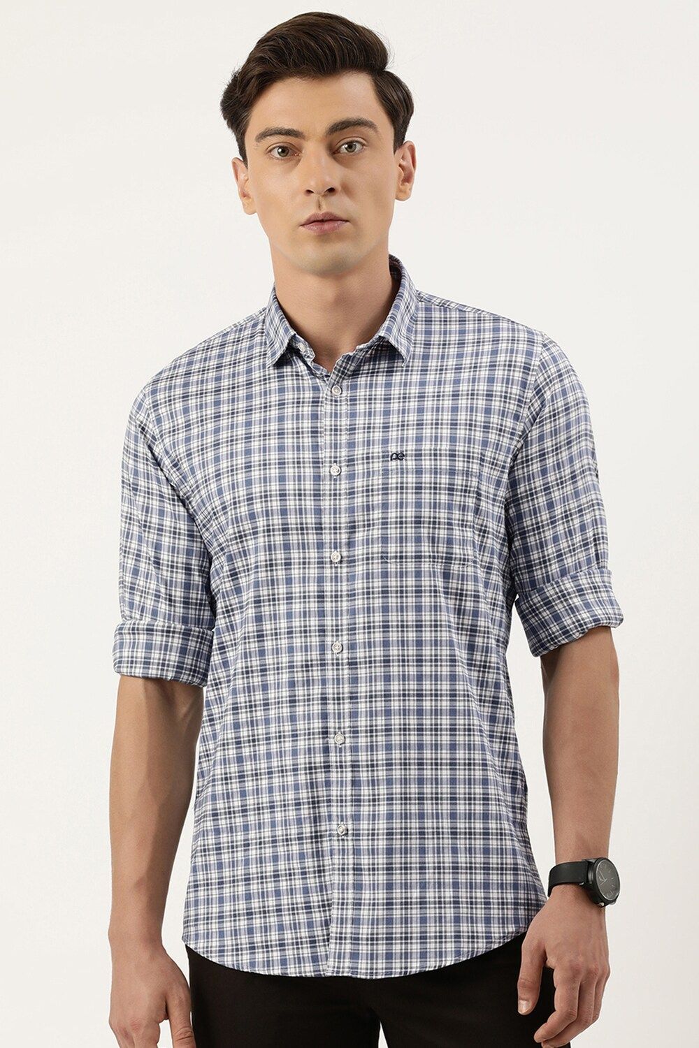 Men Blue Slim Fit Check Full Sleeves Casual Shirt