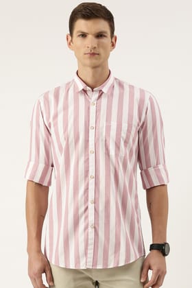 Men Pink Slim Fit Stripe Full Sleeves Casual Shirt