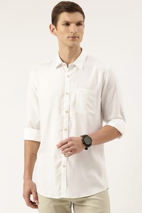 Men Cream Slim Fit Solid Full Sleeves Casual Shirt