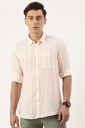 Men Cream Slim Fit Stripe Full Sleeves Casual Shirt