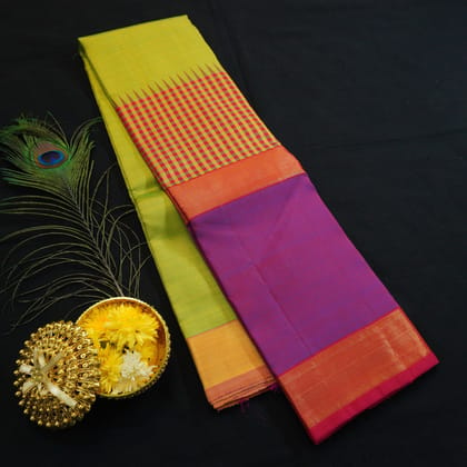 Parrot Green Kanchipuram Silk Saree with Temple Korvai Border