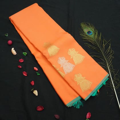 Borderless Kanchipuram Silk Saree in Orange with Gold & Silver Zari Butta