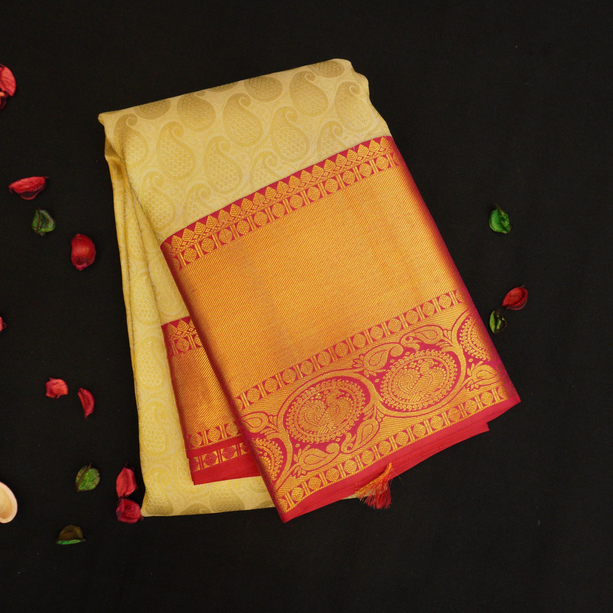 Half White with Maroon Border Kanjivaram Pattu Sari in Paisely Mango Motifs