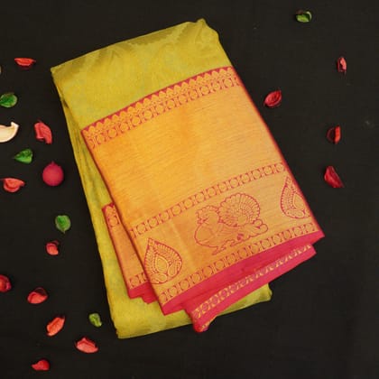 Elaichi Green Kanchipuram Silk Saree Handwoven with Pure Gold Jari