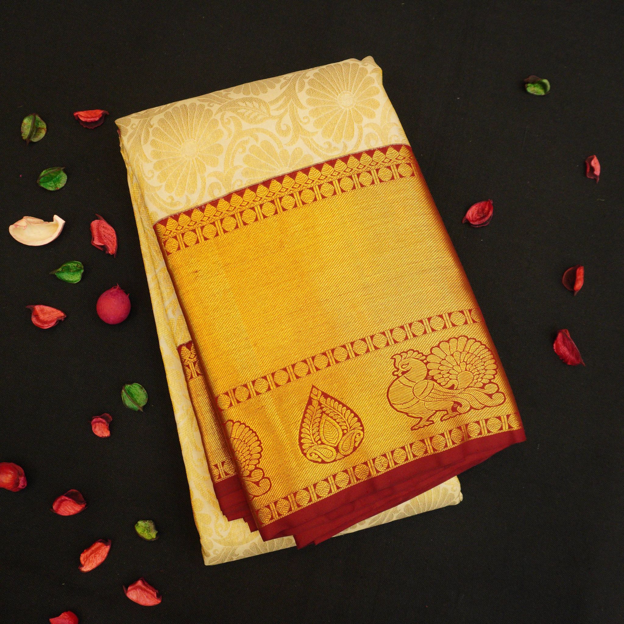 Exclusive Half White Bridal Kanjivaram Silk Saree with Maroon Border