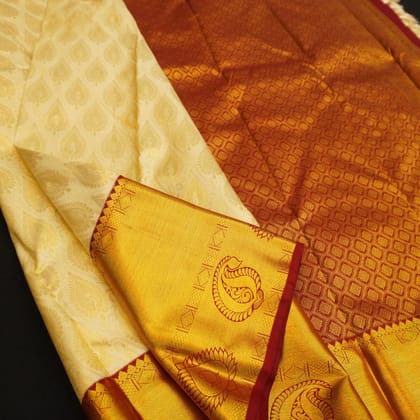 Half White with Maroon Kanjivaram Silk Saree - Latest Bridal Collections