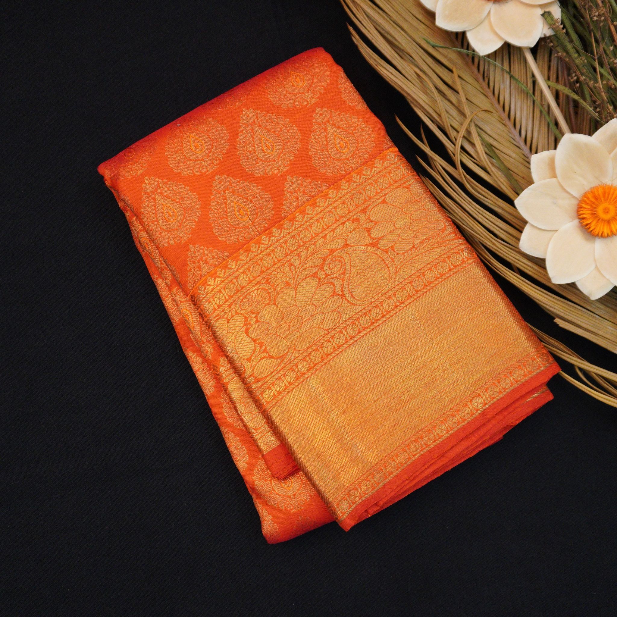 Orange Floral Jacquard Bridal Kanchipuram Silk Saree